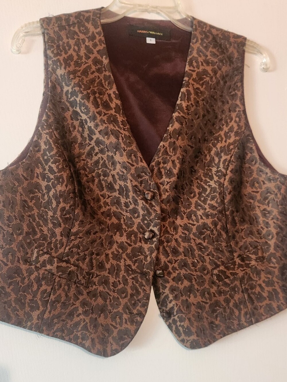 Harris Wallace Vintage Brown Leopard Button Down Vest Ladies Size L EUC $25